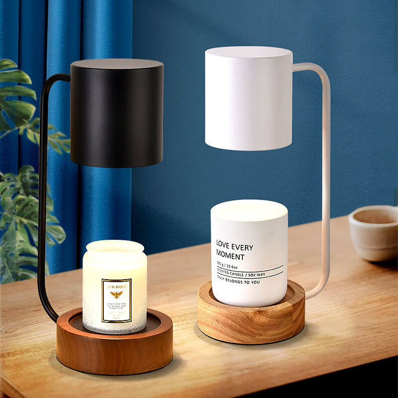 Japanisch-minimalistische Tischlampe aus Holz und Metall mit Kerzenwärmer