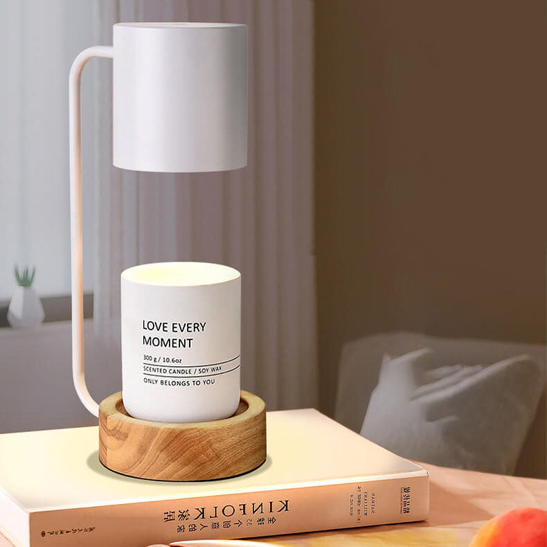 Japanisch-minimalistische Tischlampe aus Holz und Metall mit Kerzenwärmer