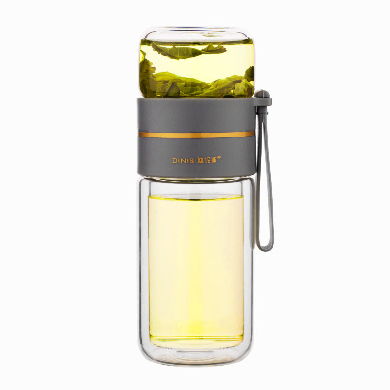Auslaufsichere doppelwandige Trinkflasche aus Borosilikatglas mit Teesieb