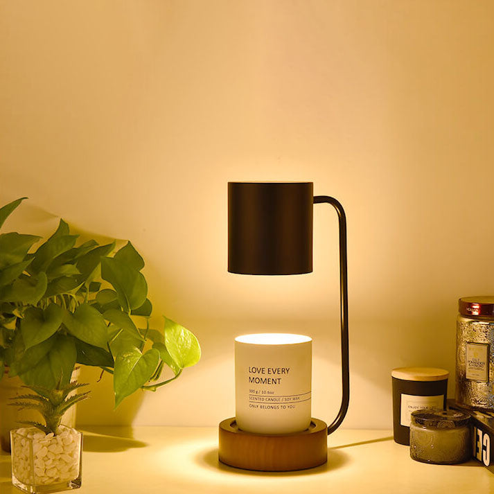 Japanische minimalistische dimmbare Tischlampe mit Holzsockel und Kerzenwärmer