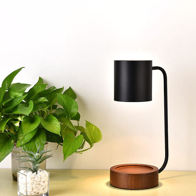 Japanisch-minimalistische Tischlampe aus Holz und Metall mit Kerzenwärmer