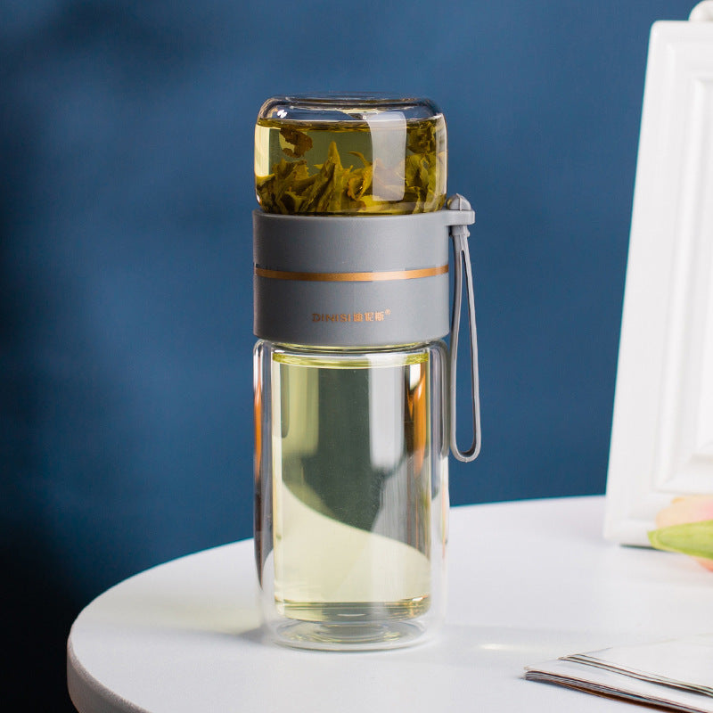 Auslaufsichere doppelwandige Trinkflasche aus Borosilikatglas mit Teesieb