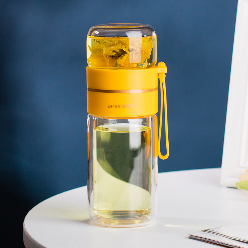 Auslaufsichere doppelwandige Trinkflasche aus Borosilikatglas mit Teesieb