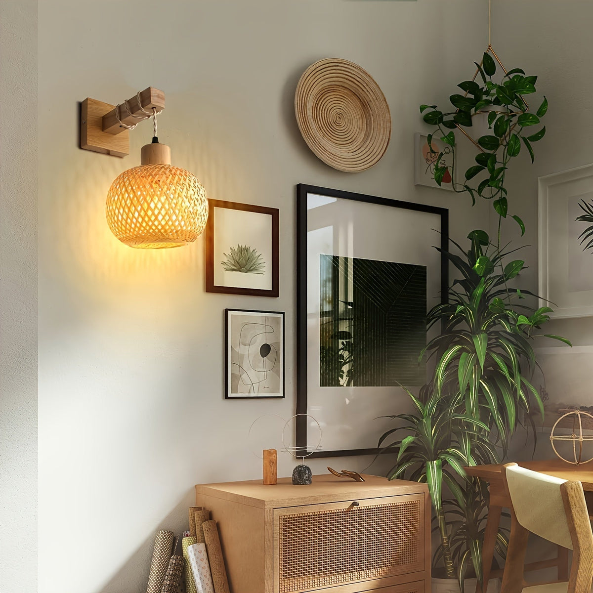 Rustikale Wandleuchte im Boho-Stil aus handgeflochtenem Rattan und Holz