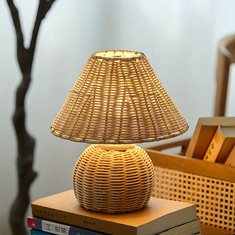 Rustikale Zen-Boho-Tischlampe mit handgewebtem Bambusgeflecht