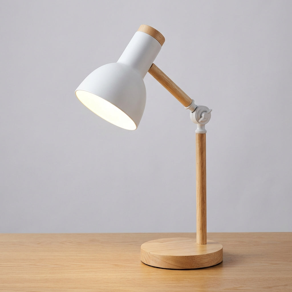 Skandinavische verstellbare Arbeits-Tischlampe mit halber Kuppel aus Holz und Metall