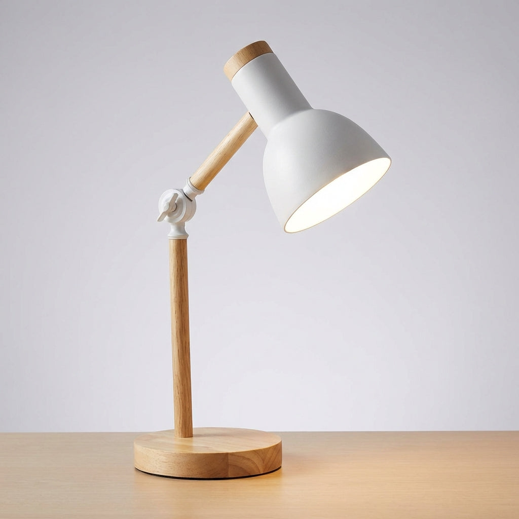 Skandinavische verstellbare Arbeits-Tischlampe mit halber Kuppel aus Holz und Metall