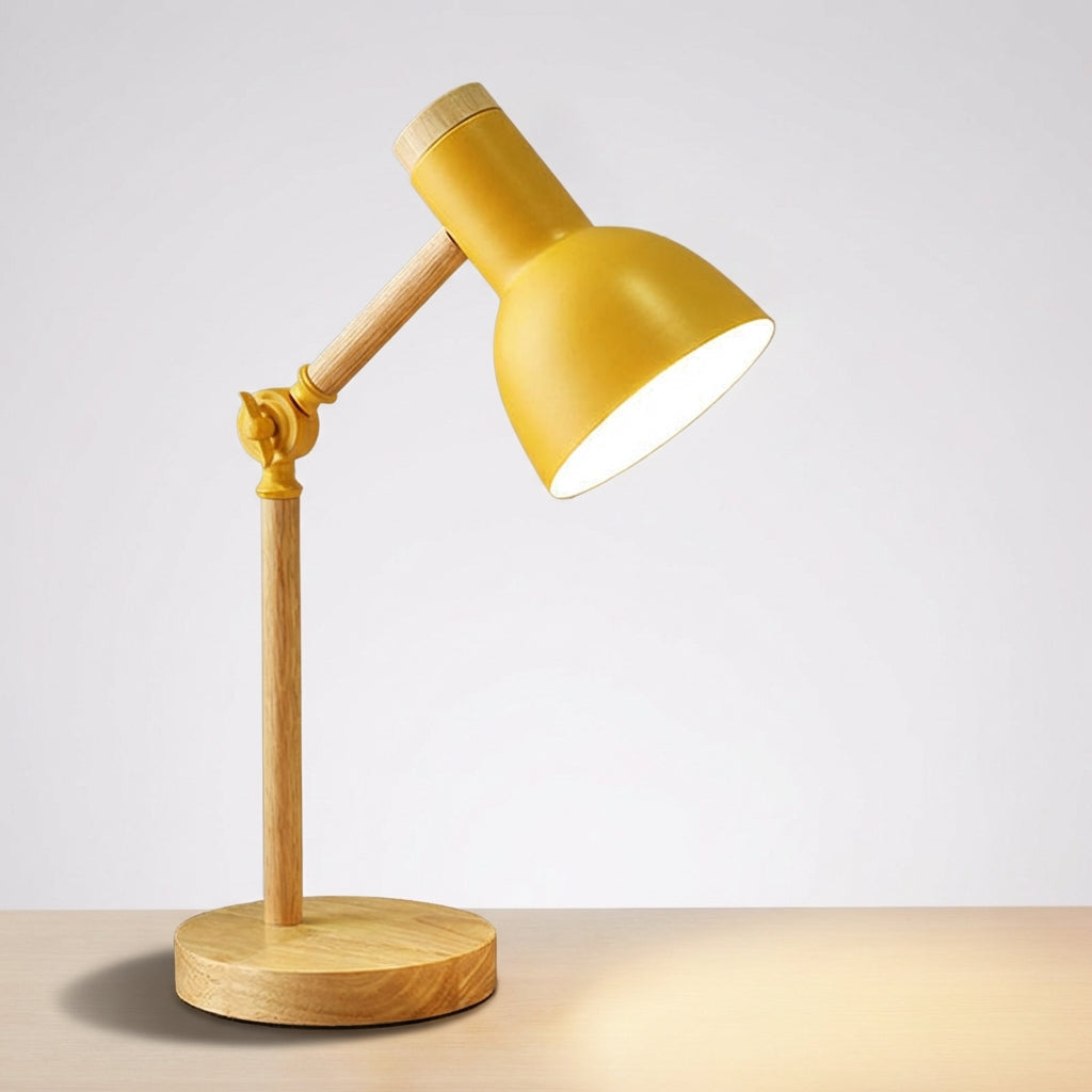 Skandinavische verstellbare Arbeits-Tischlampe mit halber Kuppel aus Holz und Metall