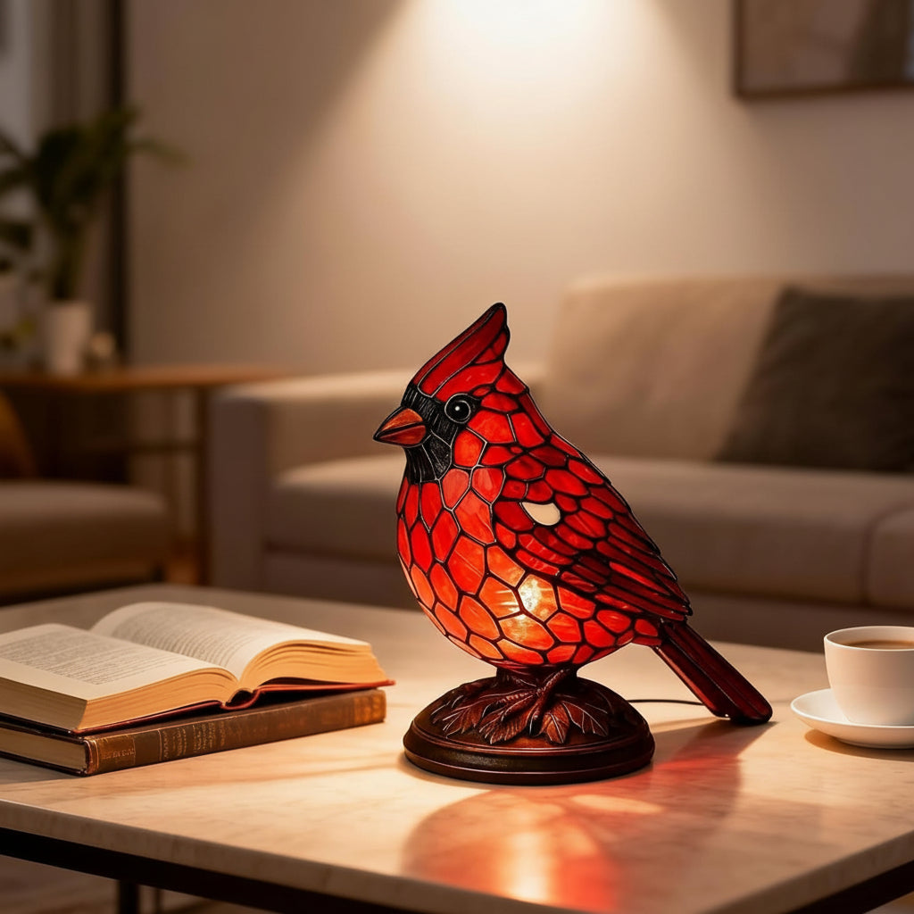 Künstlerische Tischlampe aus Glas mit Kardinalvogel-Skulptur