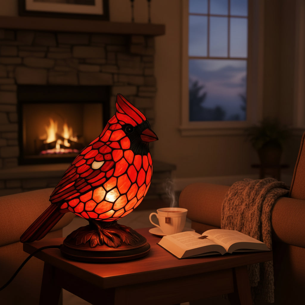 Künstlerische Tischlampe aus Glas mit Kardinalvogel-Skulptur