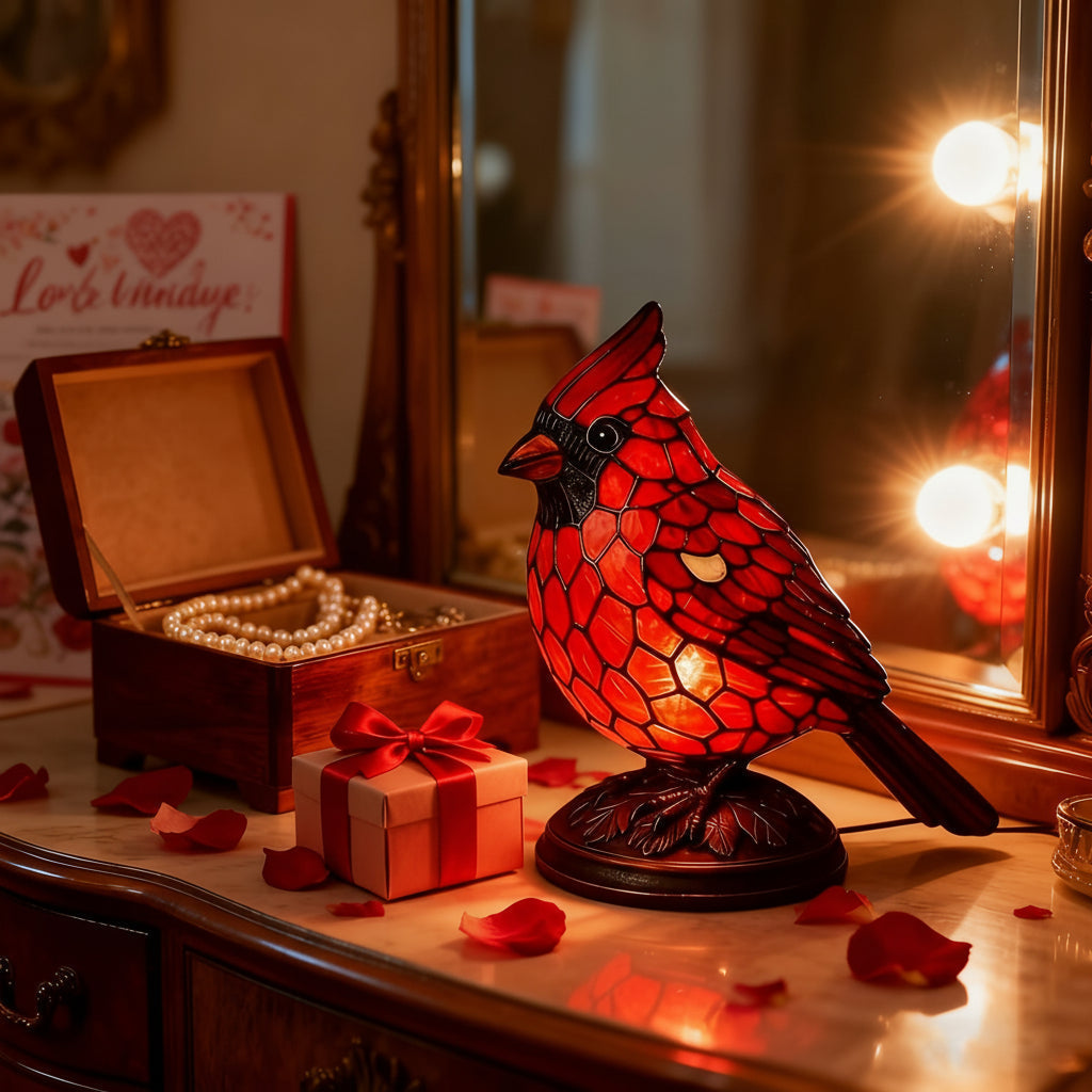 Künstlerische Tischlampe aus Glas mit Kardinalvogel-Skulptur