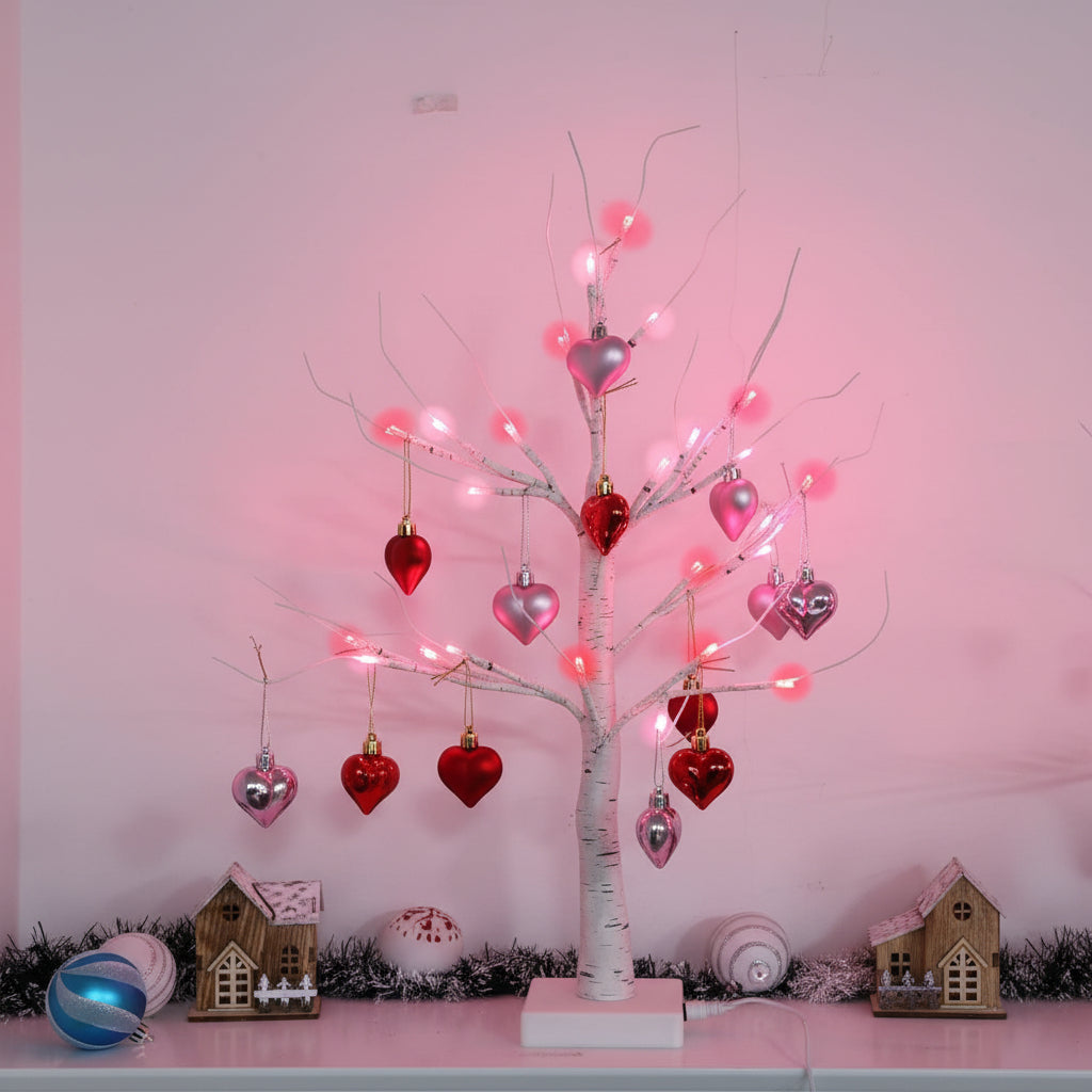 Romantische Tischlampe mit verzweigtem Birkenbaum und Herzornament