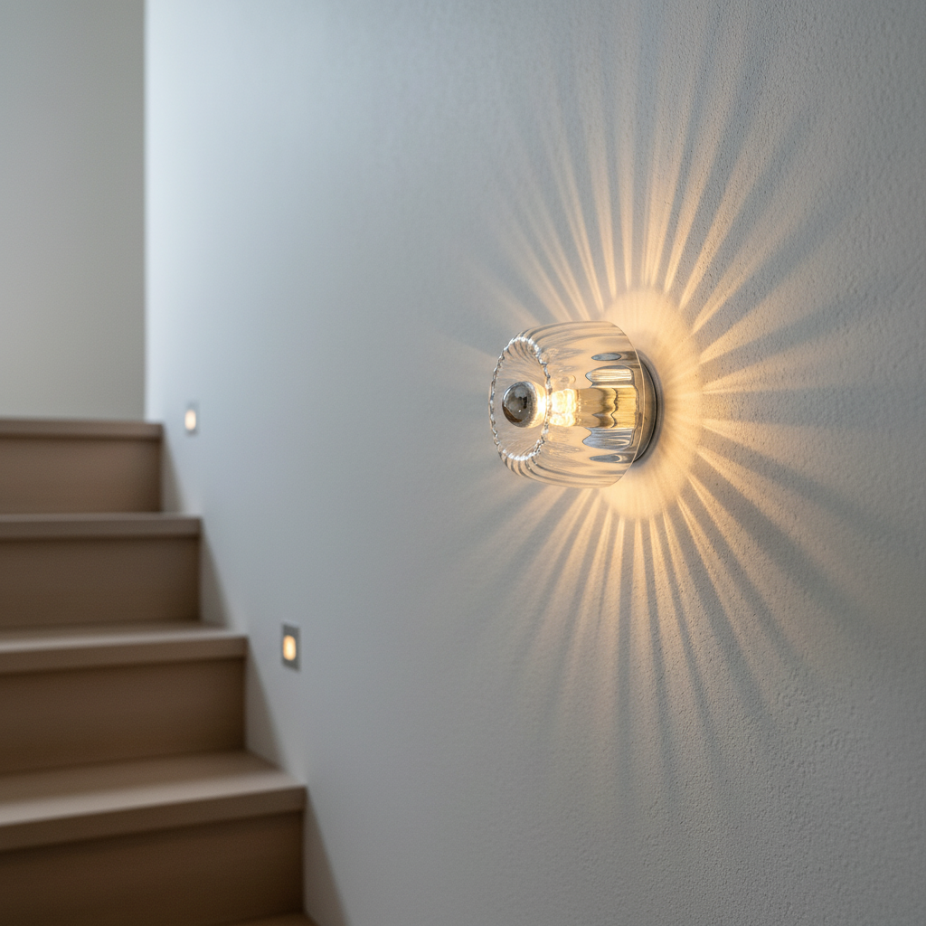Von Bauhaus inspirierte Wandleuchte mit geriffeltem Glasschirm und Metallhalterung