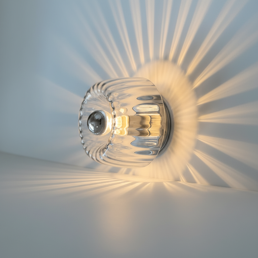 Von Bauhaus inspirierte Wandleuchte mit geriffeltem Glasschirm und Metallhalterung