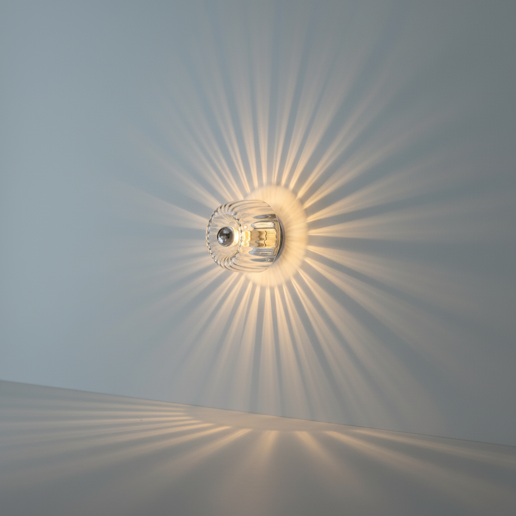 Von Bauhaus inspirierte Wandleuchte mit geriffeltem Glasschirm und Metallhalterung