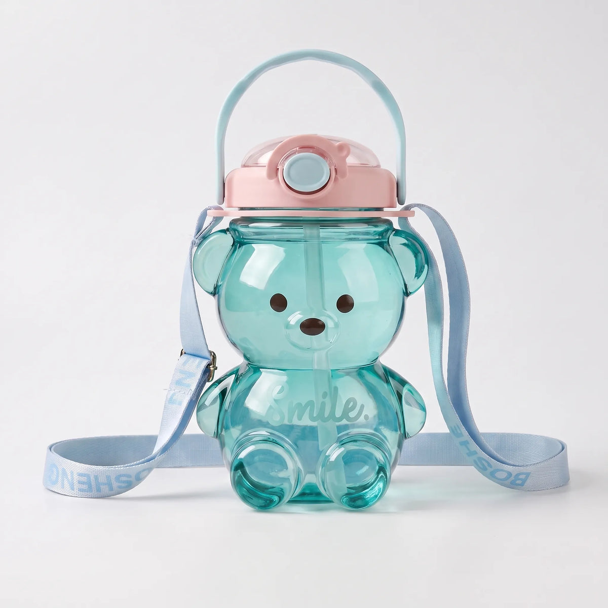 Verspielte transparente Kinder-Trinkflasche in Bärenform mit Tragegurt