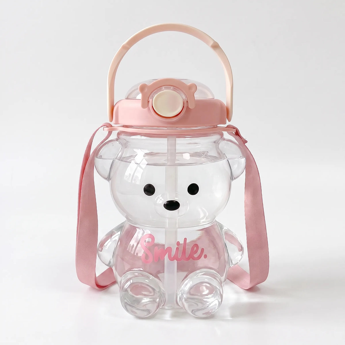 Verspielte transparente Kinder-Trinkflasche in Bärenform mit Tragegurt