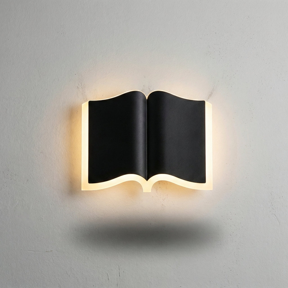Skulpturale Eisen-Acryl-Wandleuchte mit Silhouette eines geöffneten Buches
