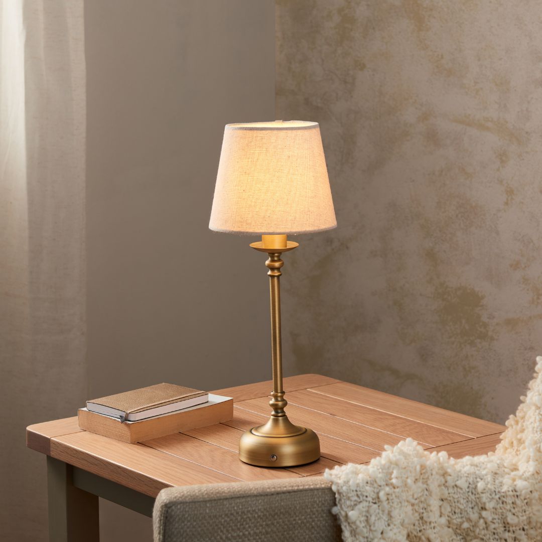 Tragbare wiederaufladbare Tischlampe mit antikem Messing-Finish und Touch-Dimmer