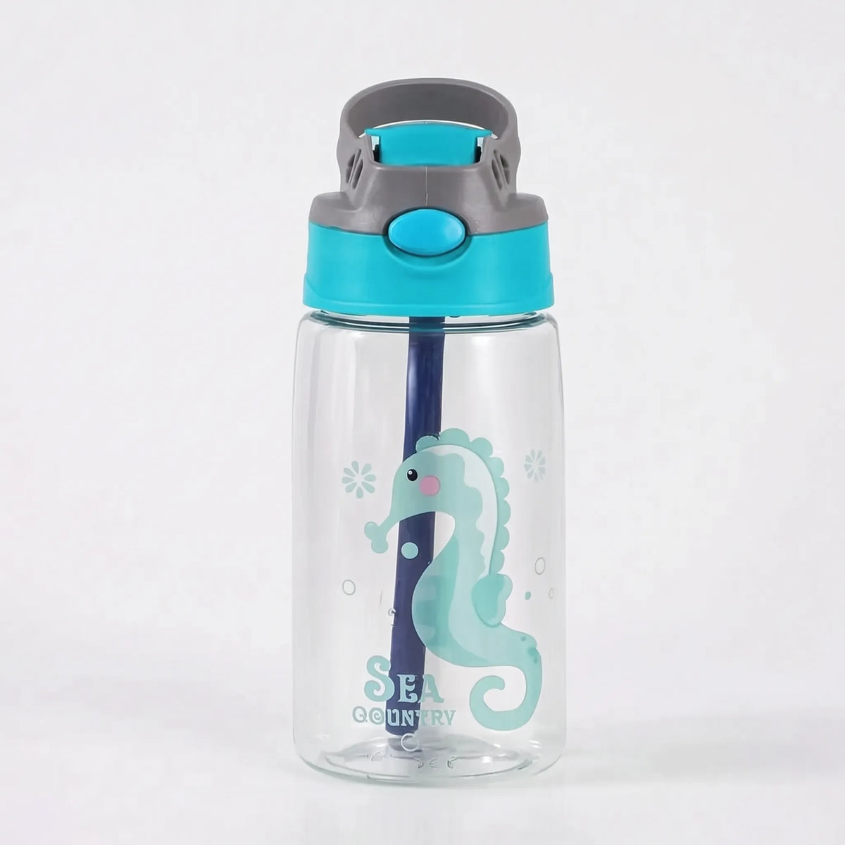 Transparente Kinder-Trinkflasche mit Cartoon-Aufdruck, Druckknopf und Strohhalm