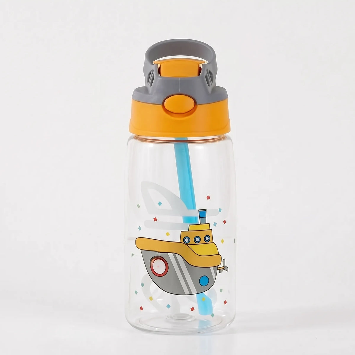 Transparente Kinder-Trinkflasche mit Cartoon-Aufdruck, Druckknopf und Strohhalm
