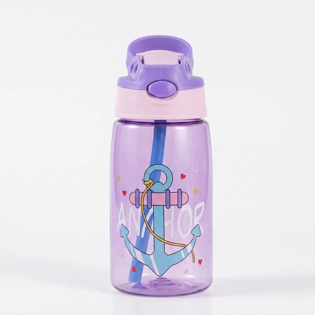 Transparente Kinder-Trinkflasche mit Cartoon-Aufdruck, Druckknopf und Strohhalm