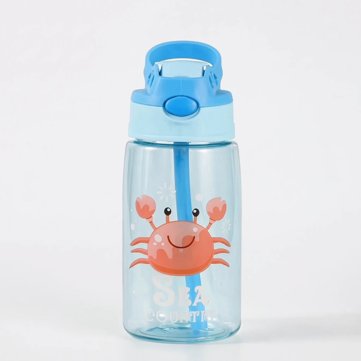 Transparente Kinder-Trinkflasche mit Cartoon-Aufdruck, Druckknopf und Strohhalm