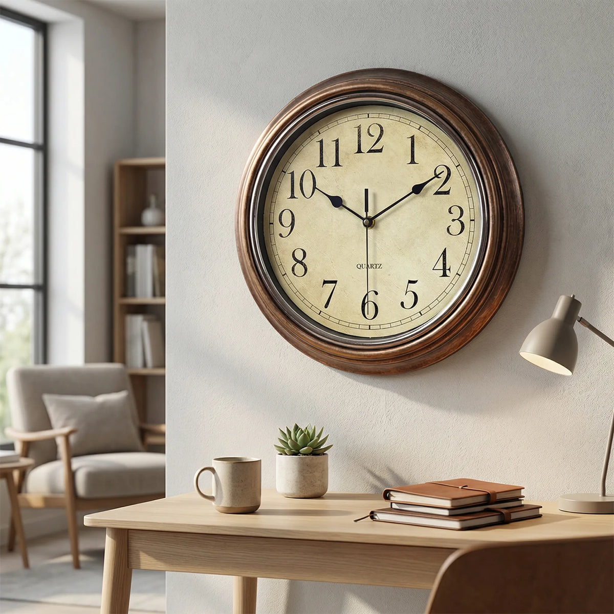 Kompakte runde Vintage-Wanduhr mit leisem Uhrwerk