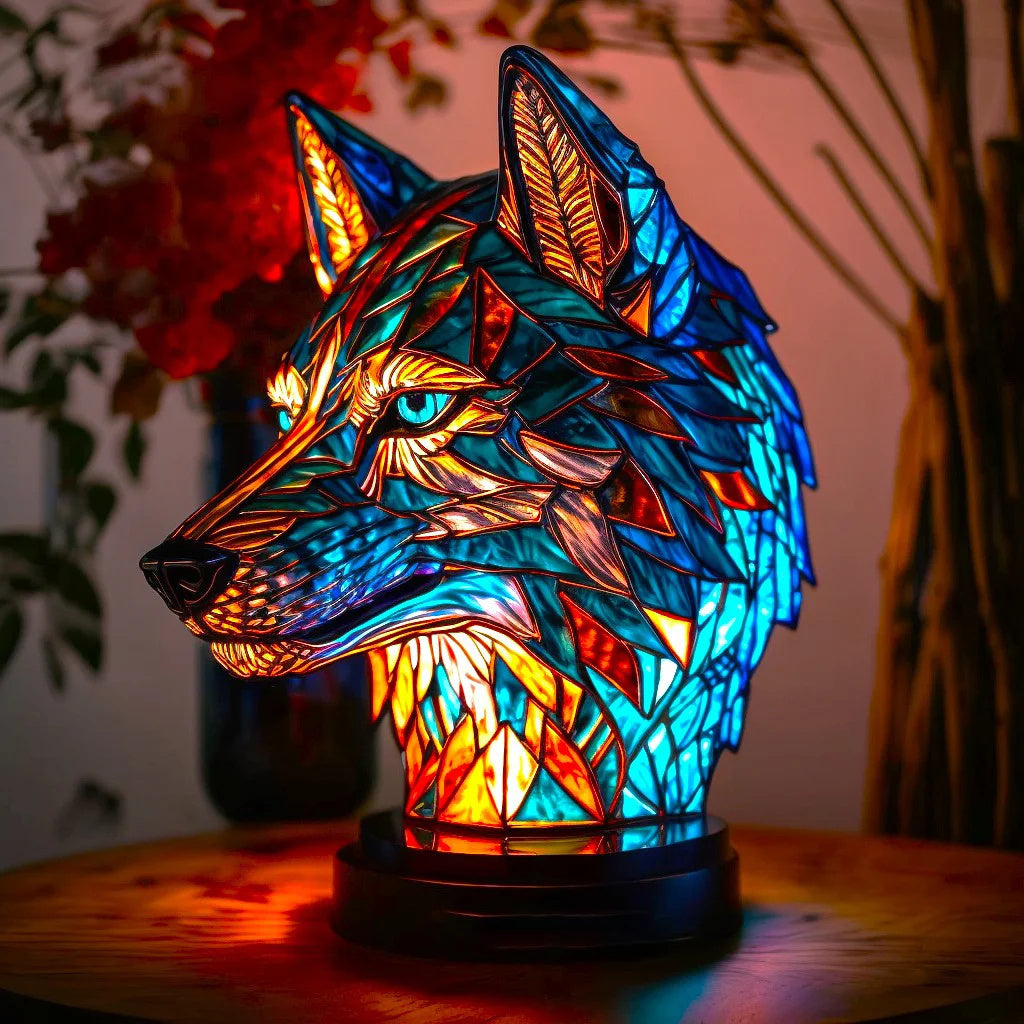 Tischlampe aus Harz mit Tiermotiv in Buntglas-Mosaikoptik