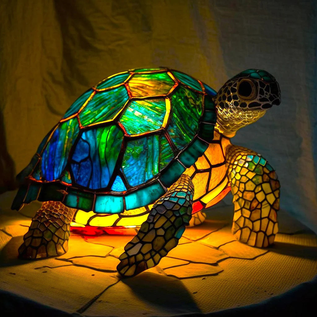 Tischlampe aus Harz mit Tiermotiv in Buntglas-Mosaikoptik