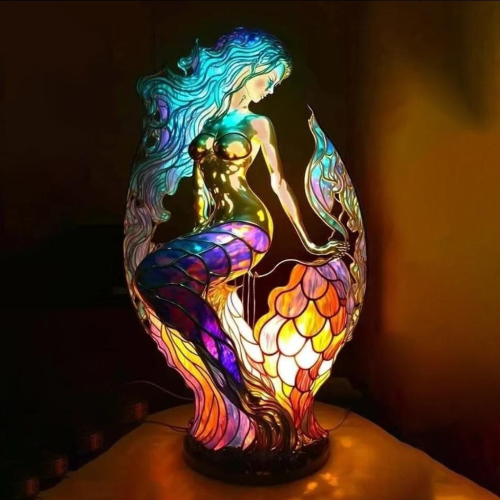 Tischlampe aus Harz mit Tiermotiv in Buntglas-Mosaikoptik