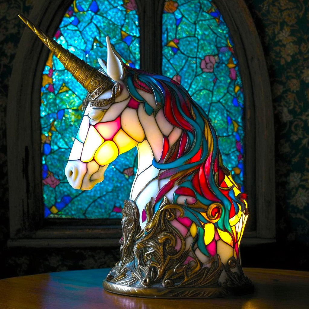 Tischlampe aus Harz mit Tiermotiv in Buntglas-Mosaikoptik