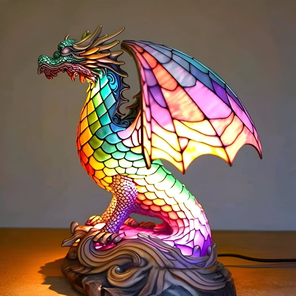 Tischlampe aus Harz mit Tiermotiv in Buntglas-Mosaikoptik