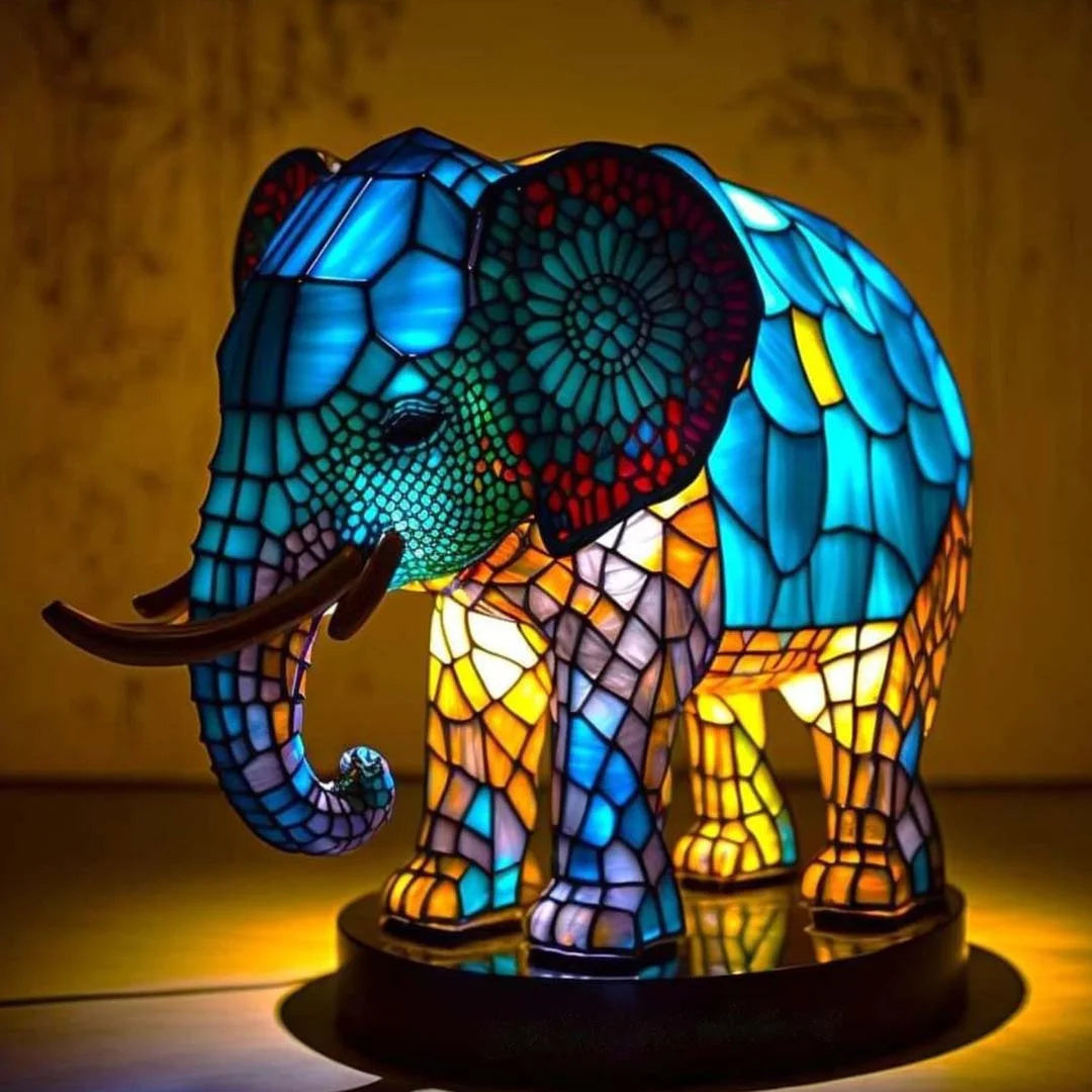 Tischlampe aus Harz mit Tiermotiv in Buntglas-Mosaikoptik