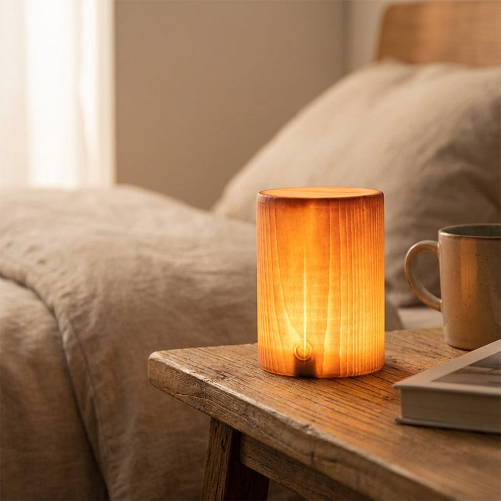 Kompakte zylindrische kabellose Tischlampe mit Holzmaserung, Akku, Touch-Steuerung und Dimmfunktion