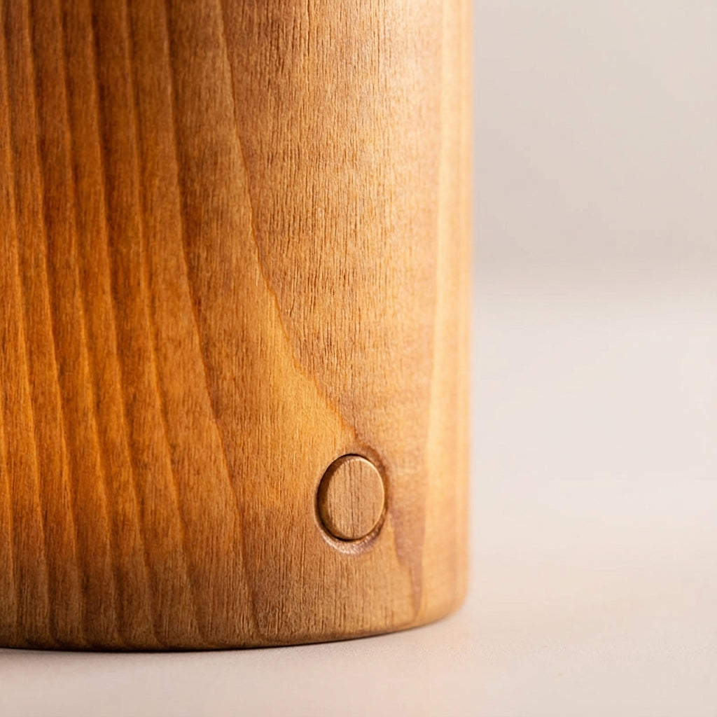 Kompakte zylindrische kabellose Tischlampe mit Holzmaserung, Akku, Touch-Steuerung und Dimmfunktion