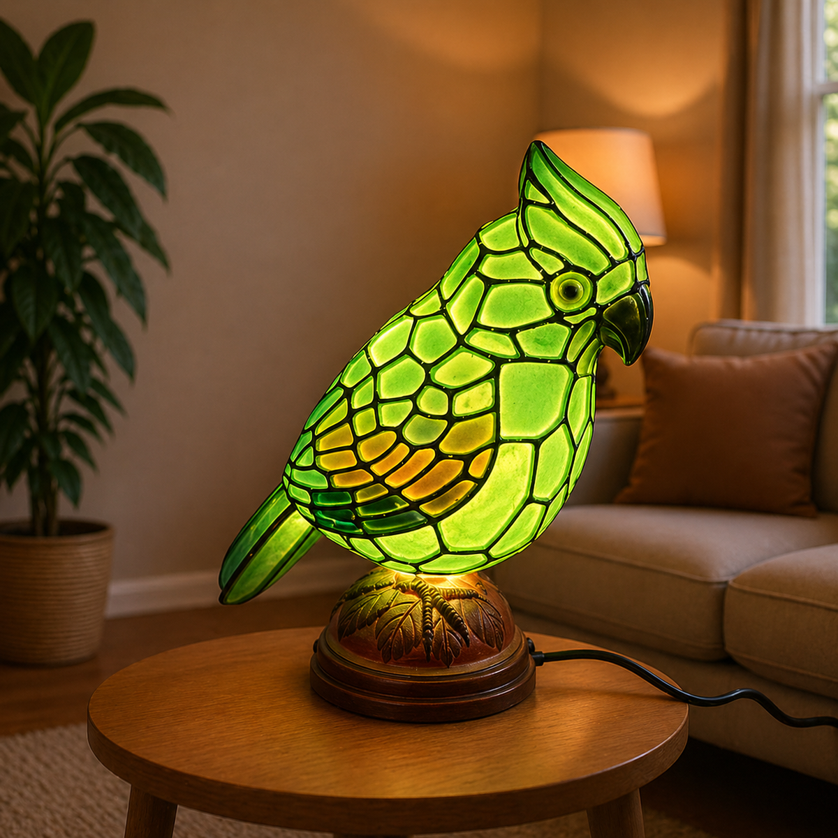 Künstlerische Tischlampe aus Glas mit Kardinalvogel-Skulptur