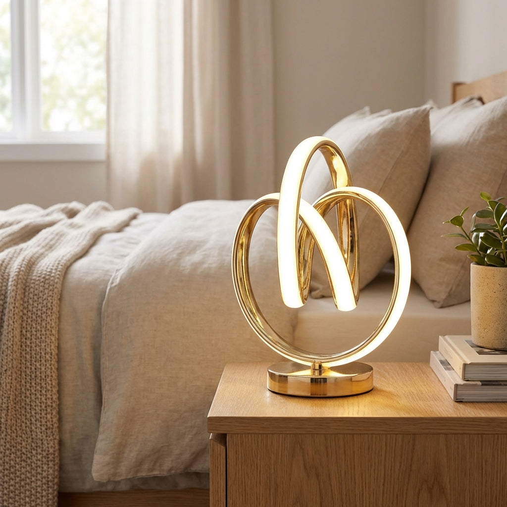 Skulpturale Akzent-Tischlampe aus Aluminiumlegierung und Acrylglas mit geschwungener Schlaufe