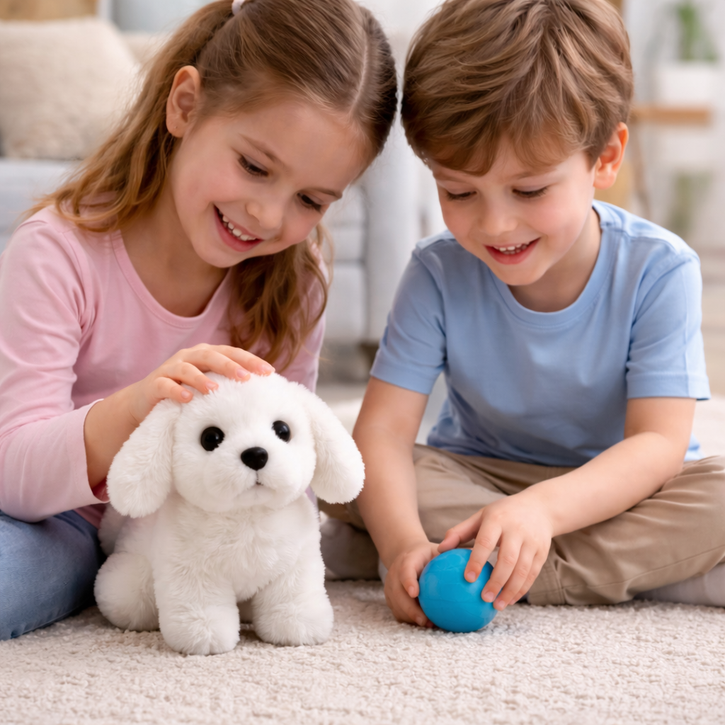 Realistisch auf Berührungen reagierendes, laufendes und bellendes weiches Plüsch-Hundespielzeug