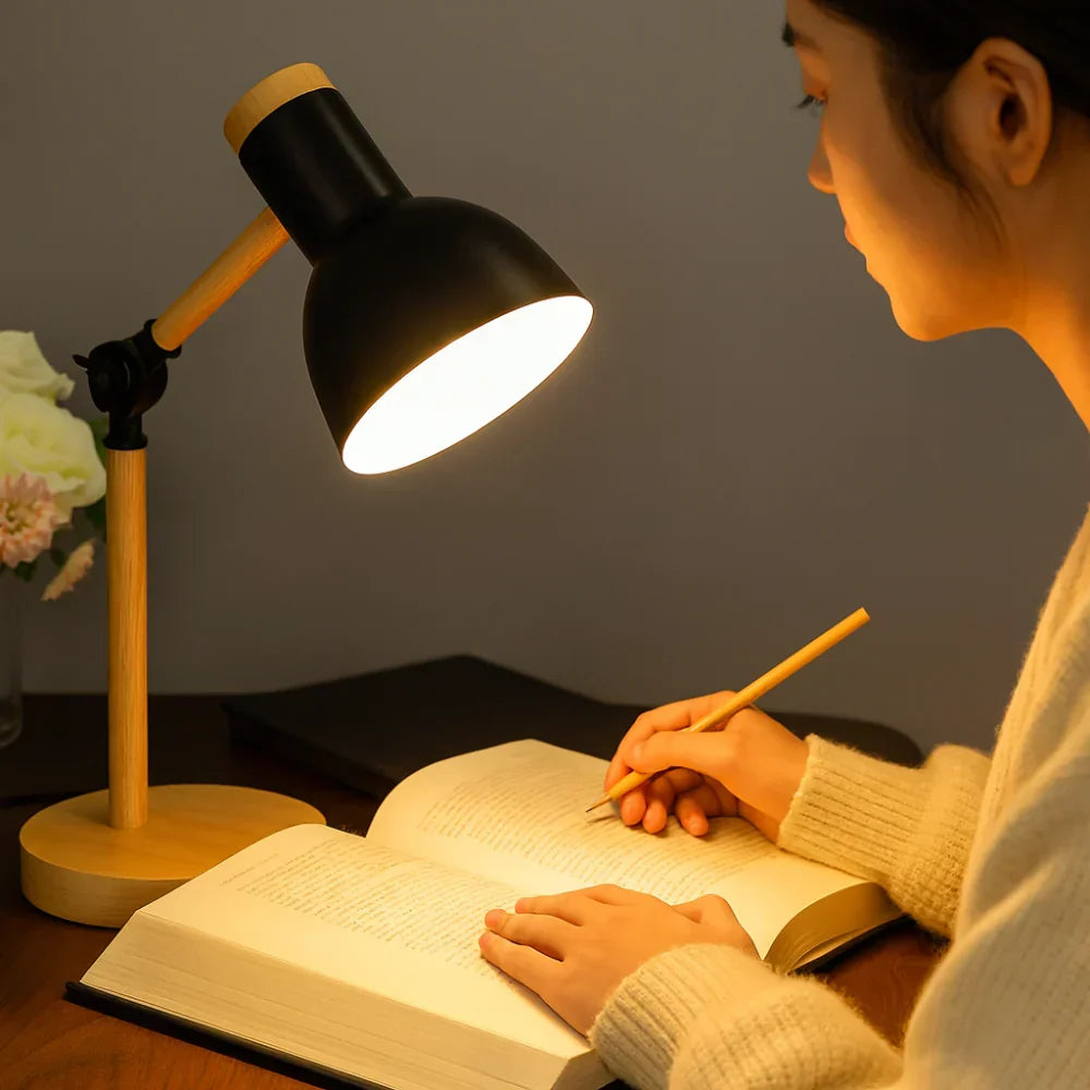 Nordische Tischlampe für den Schreibtisch mit Holzbasis und verstellbarem Arm