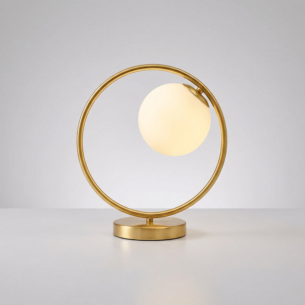 Skulpturale dimmbare Tischlampe mit Ring-Silhouette und hängender Glaskugel