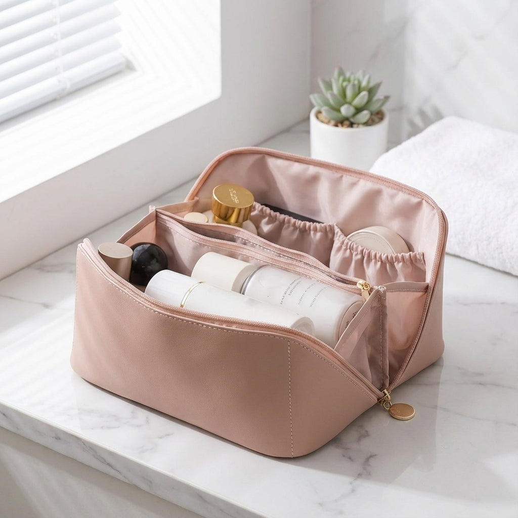 Reise-Make-up-Organizer aus Kunstleder mit Fächern und großer Öffnung