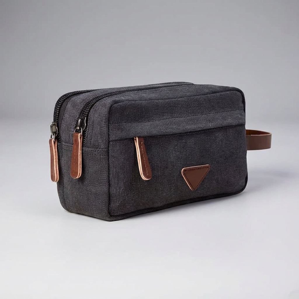 Wasserdichte Kulturbeuteltasche aus Canvas mit zwei Fächern und Kunstledergriff