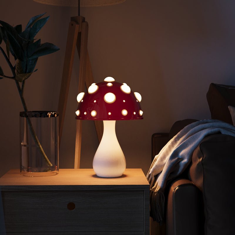 Skulpturale Tischlampe mit Amanita-Pilzschirm, wiederaufladbar und dimmbar