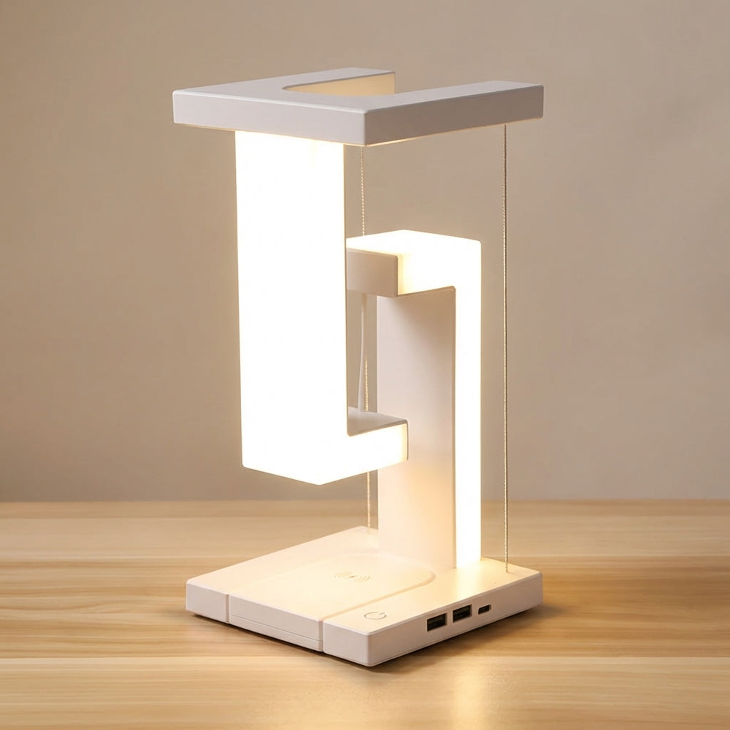 Futuristische kabellose Tischlampe mit schwebendem Leuchteffekt und Ladefunktion