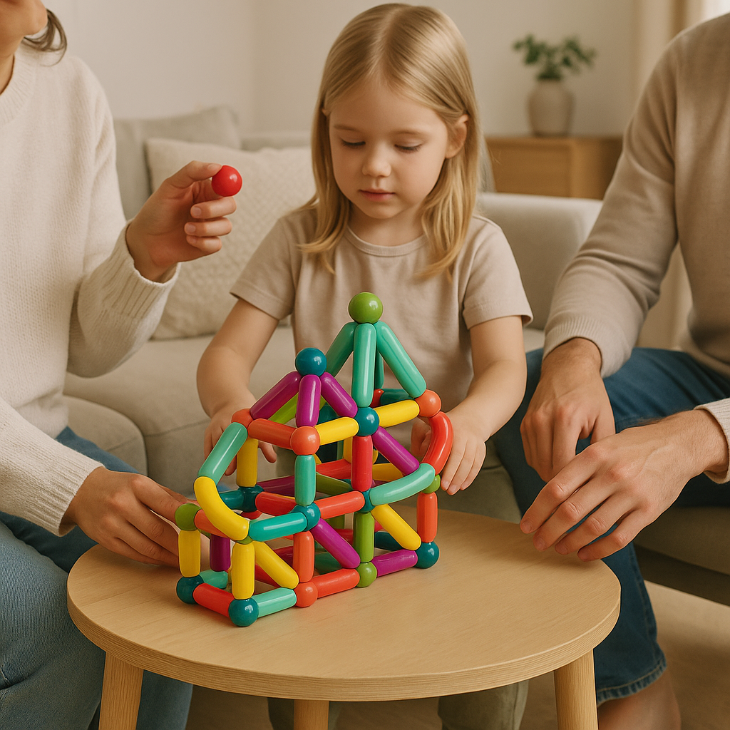 Zusammensteckbare geometrische magnetische Bausteine als pädagogisches STEM-Konstruktionsspielzeug