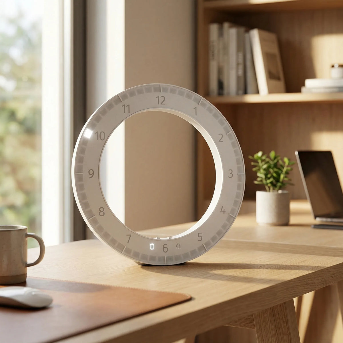 Schlanke digitale Wanduhr mit kreisförmiger Ringanzeige und Dimmer