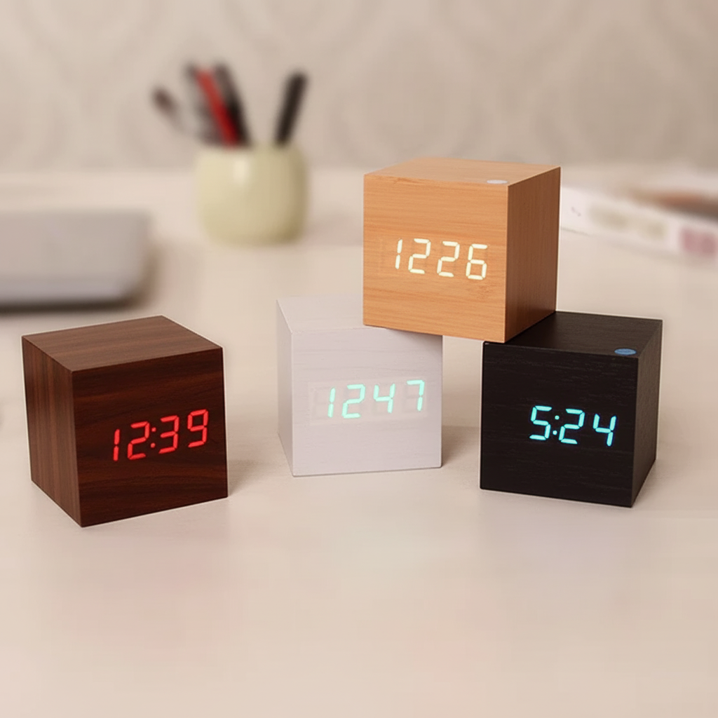 Minimalistischer digitaler Tischwecker in Holzoptik