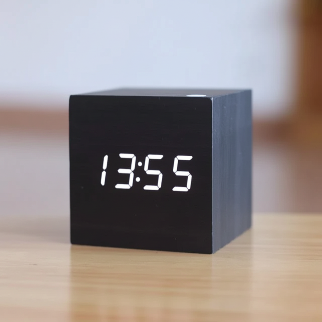 Minimalistischer digitaler Tischwecker in Holzoptik