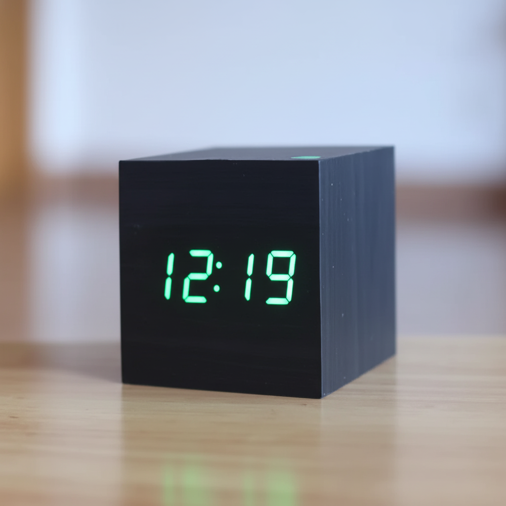 Minimalistischer digitaler Tischwecker in Holzoptik